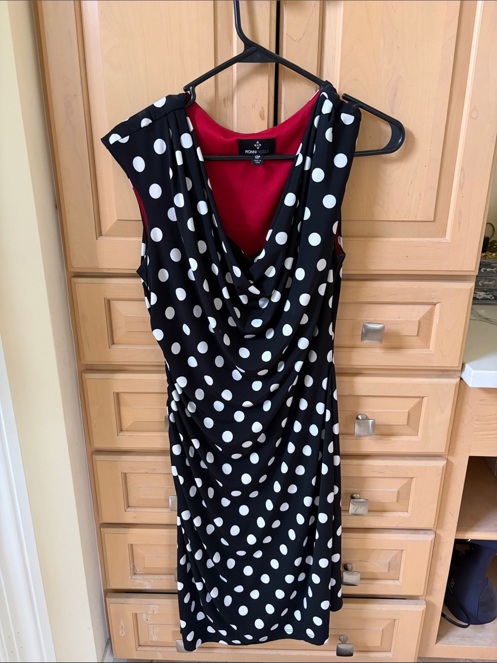 Ronni Nicole Black and White Polka Dot Midi Dress with Red Lining